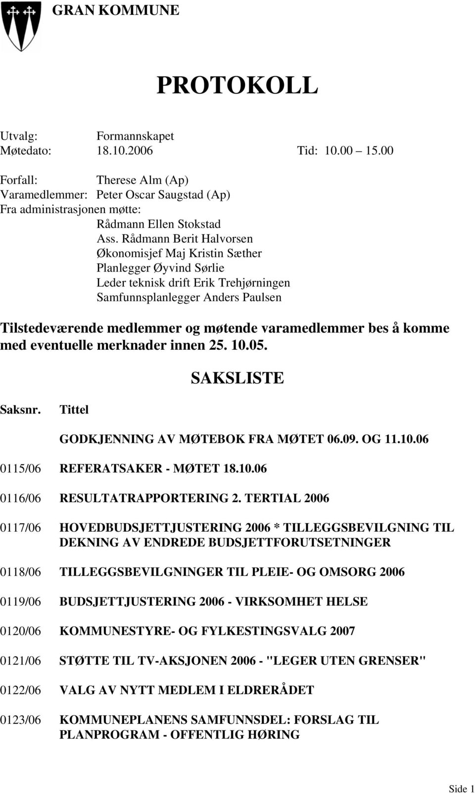 Rådmann Berit Halvorsen Økonomisjef Maj Kristin Sæther Planlegger Øyvind Sørlie Leder teknisk drift Erik Trehjørningen Samfunnsplanlegger Anders Paulsen Tilstedeværende medlemmer og møtende