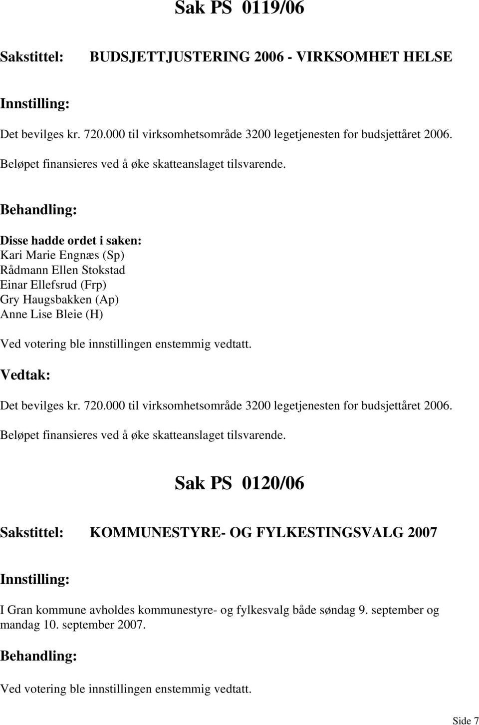 Kari Marie Engnæs (Sp) Rådmann Ellen Stokstad Einar Ellefsrud (Frp) Gry Haugsbakken (Ap) Ved votering ble innstillingen enstemmig vedtatt. Det bevilges kr. 720.