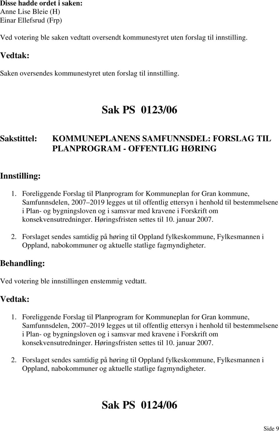 Foreliggende Forslag til Planprogram for Kommuneplan for Gran kommune, Samfunnsdelen, 2007 2019 legges ut til offentlig ettersyn i henhold til bestemmelsene i Plan- og bygningsloven og i samsvar med