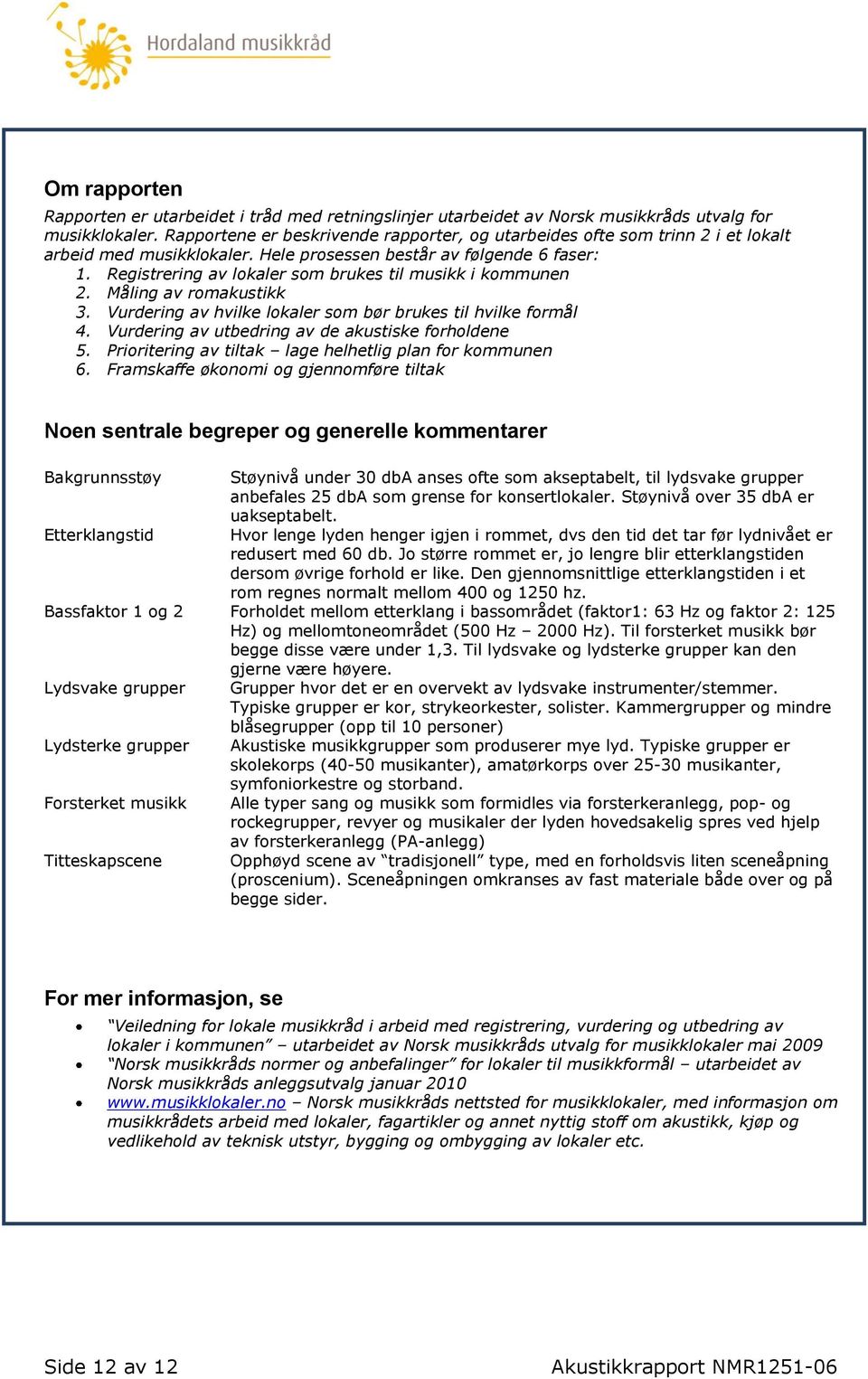 Registrering av lokaler som brukes til musikk i kommunen 2. Måling av romakustikk 3. Vurdering av hvilke lokaler som bør brukes til hvilke formål 4.