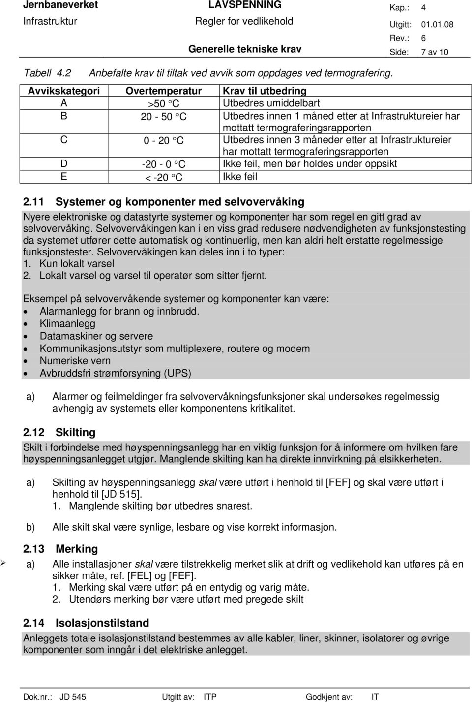 3 måneder etter at Infrastruktureier har mottatt termograferingsrapporten D -20-0 C Ikke feil, men bør holdes under oppsikt E < -20 C Ikke feil 2.