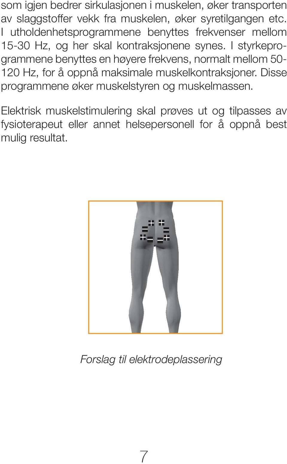 I styrkeprogrammene benyttes en høyere frekvens, normalt mellom 50-120 Hz, for å oppnå maksimale muskelkontraksjoner.