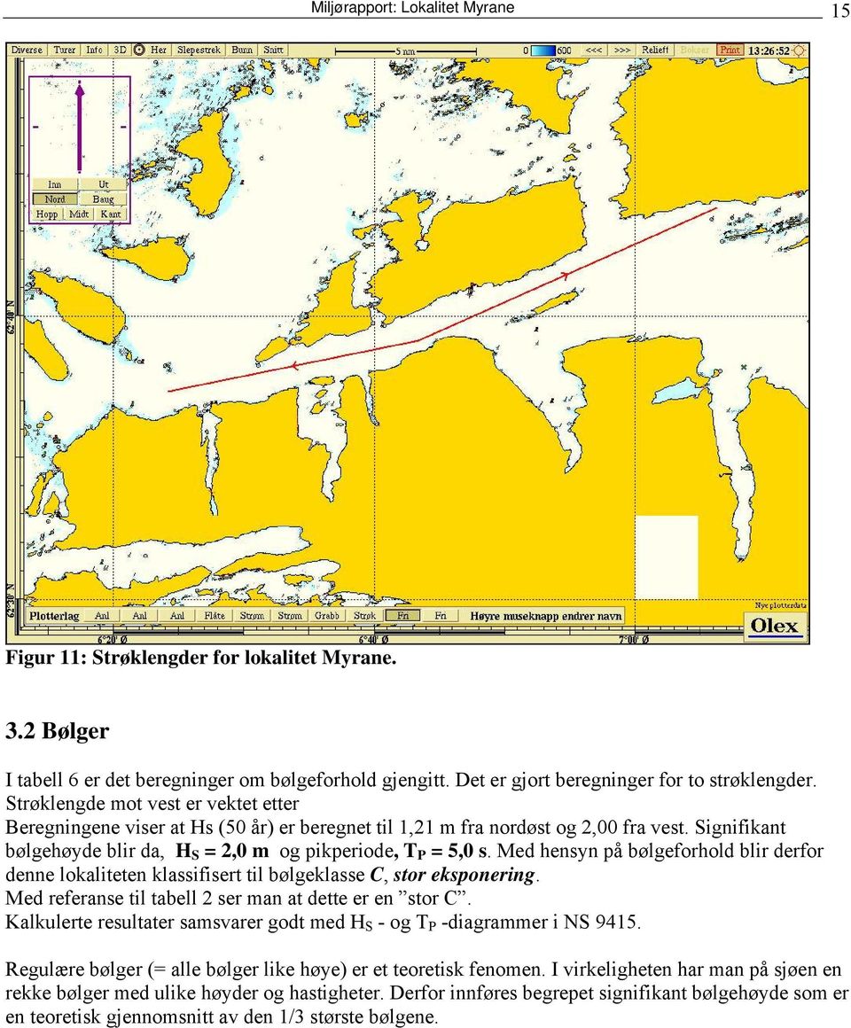 Med hensyn på bølgeforhold blir derfor denne lokaliteten klassifisert til bølgeklasse C, stor eksponering. Med referanse til tabell 2 ser man at dette er en stor C.