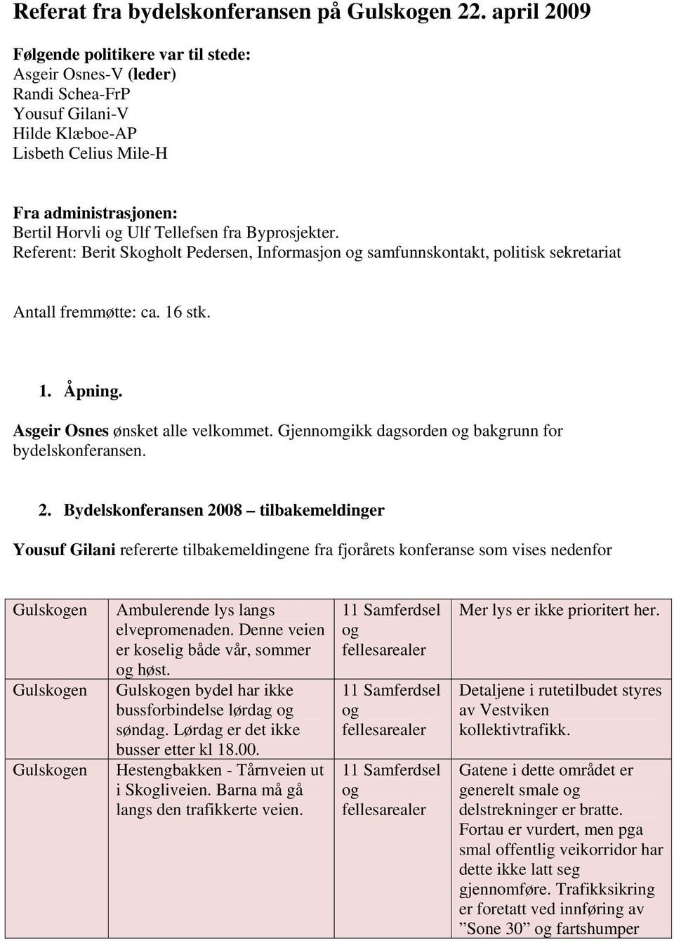 Byprosjekter. Referent: Berit Skogholt Pedersen, Informasjon og samfunnskontakt, politisk sekretariat Antall fremmøtte: ca. 16 stk. 1. Åpning. Asgeir Osnes ønsket alle velkommet.