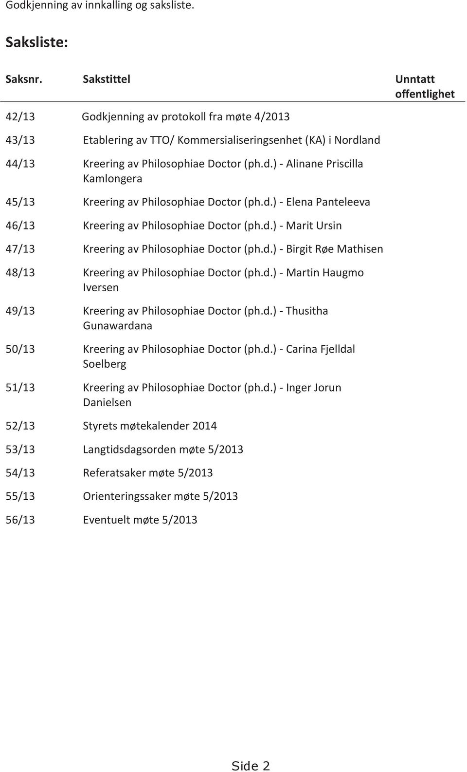 d.) - Elena Panteleeva 46/13 Kreering av Philosophiae Doctor (ph.d.) - Marit Ursin 47/13 Kreering av Philosophiae Doctor (ph.d.) - Birgit Røe Mathisen 48/13 Kreering av Philosophiae Doctor (ph.d.) - Martin Haugmo Iversen 49/13 Kreering av Philosophiae Doctor (ph.