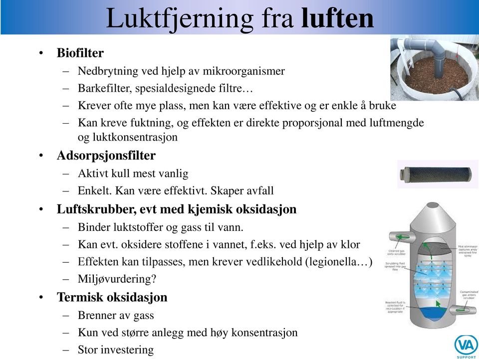 Kan være effektivt. Skaper avfall Luftskrubber, evt med kjemisk oksidasjon Binder luktstoffer og gass til vann. Kan evt. oksidere stoffene i vannet, f.eks.