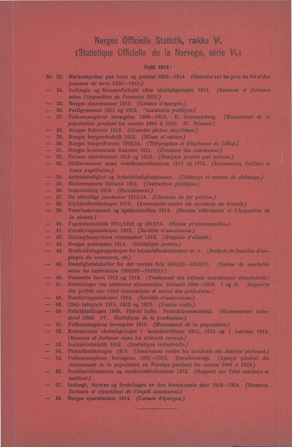 ) 26. Fattigvæsenet 1911 og 1912. Assistance publique.) 27. Folkemængdens bevægelse 1906-1910. II. Sammendrag. (Mouvement de la - 28. Norges fiskerier 1913 (Grandes pêches maritimes.) 29.