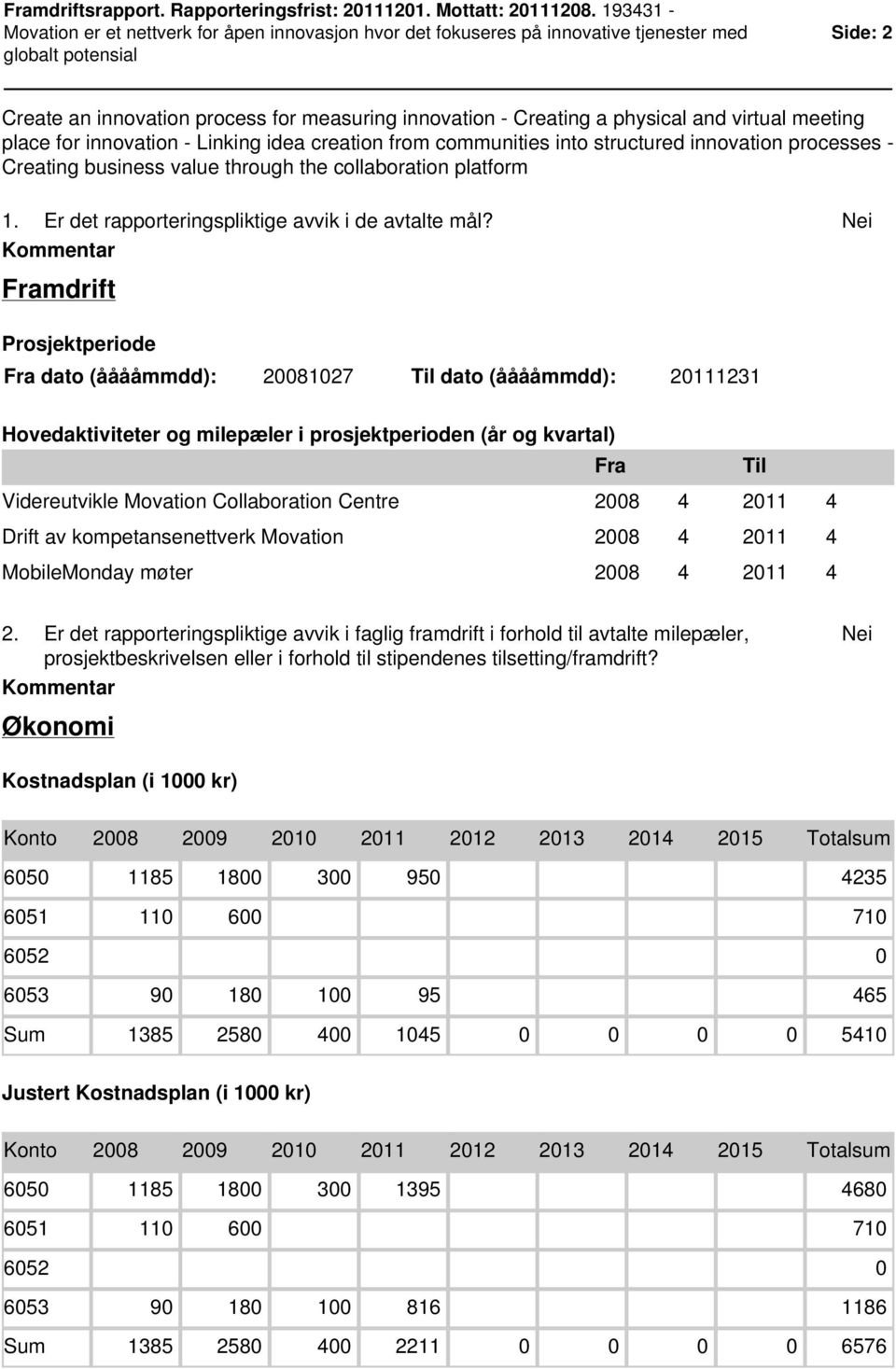 Nei Kommentar Framdrift Prosjektperiode Fra dato (ååååmmdd): 20081027 Til dato (ååååmmdd): 20111231 Hovedaktiviteter og milepæler i prosjektperioden (år og kvartal) Fra Til Videreutvikle Movation