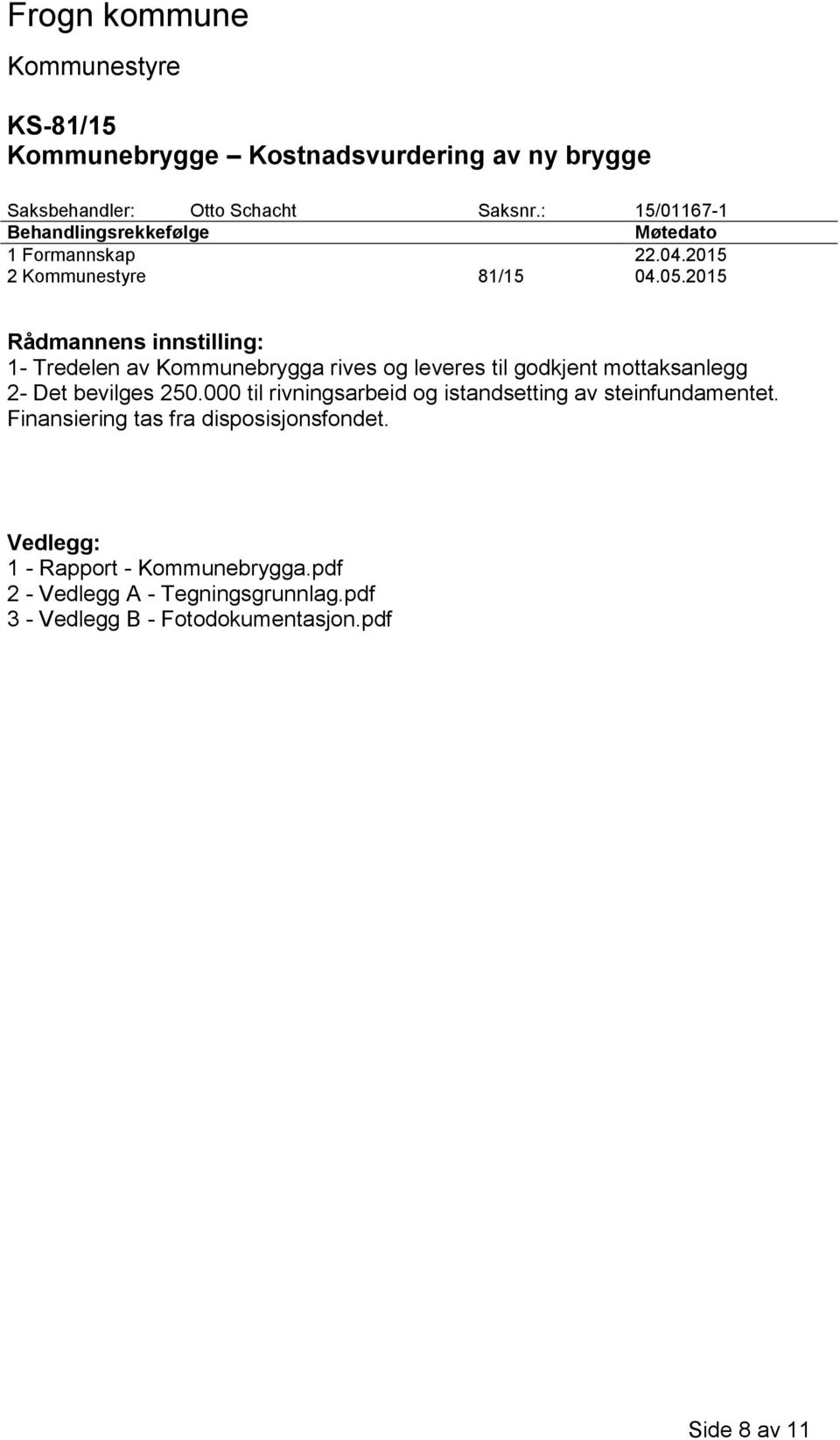 2015 Rådmannens innstilling: 1- Tredelen av Kommunebrygga rives og leveres til godkjent mottaksanlegg 2- Det bevilges 250.