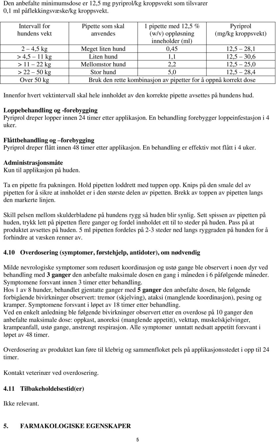 1,1 12,5 30,6 > 11 22 kg Mellomstor hund 2,2 12,5 25,0 > 22 50 kg Stor hund 5,0 12,5 28,4 Over 50 kg Bruk den rette kombinasjon av pipetter for å oppnå korrekt dose Innenfor hvert vektintervall skal