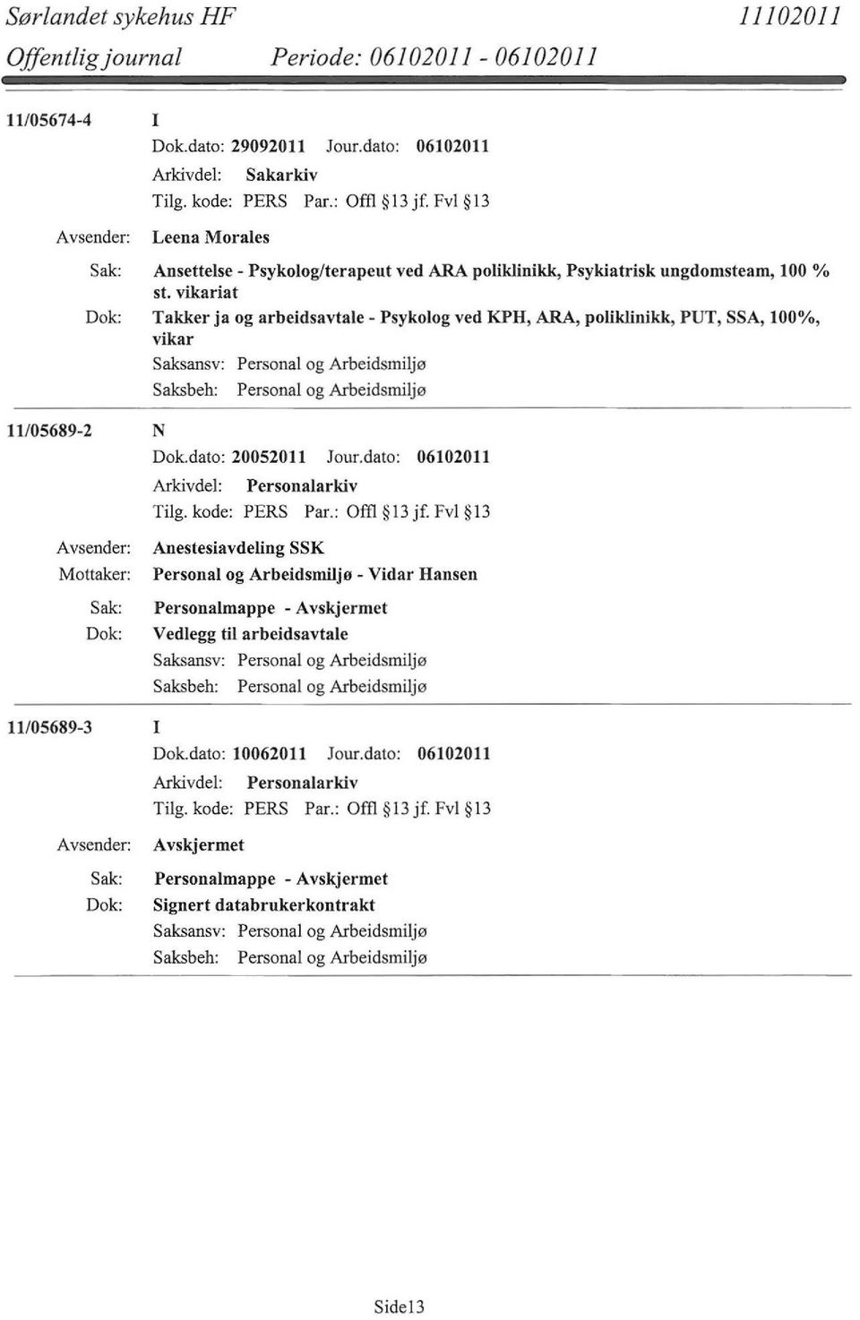 vikariat Takker ja og arbeidsavtale- Psykolog ved KPH, ARA, poliklinikk, PUT, SSA, 100%, vikar 11/05689-2 N Dok.dato: 20052011 Jour.