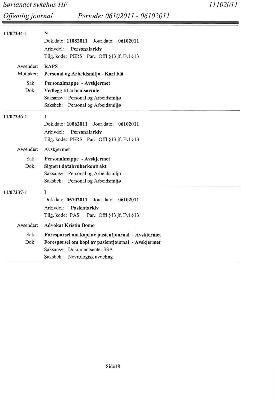 Fvl l3 Personalmappe - Signert databrukerkontrakt Saksbeh: Personal og Arbeidsmiljø 11/07237-1 I Dok.dato: 05102011 Jour.dato: 06102011 Tilg.kode: PAS Par.