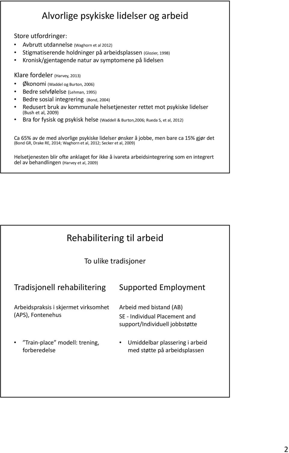 psykiske lidelser (Bush et al, 2009) Bra for fysisk og psykisk helse (Waddell & Burton,2006; Rueda S, et al, 2012) Ca 65% av de med alvorlige psykiske lidelser ønsker å jobbe, men bare ca 15% gjør