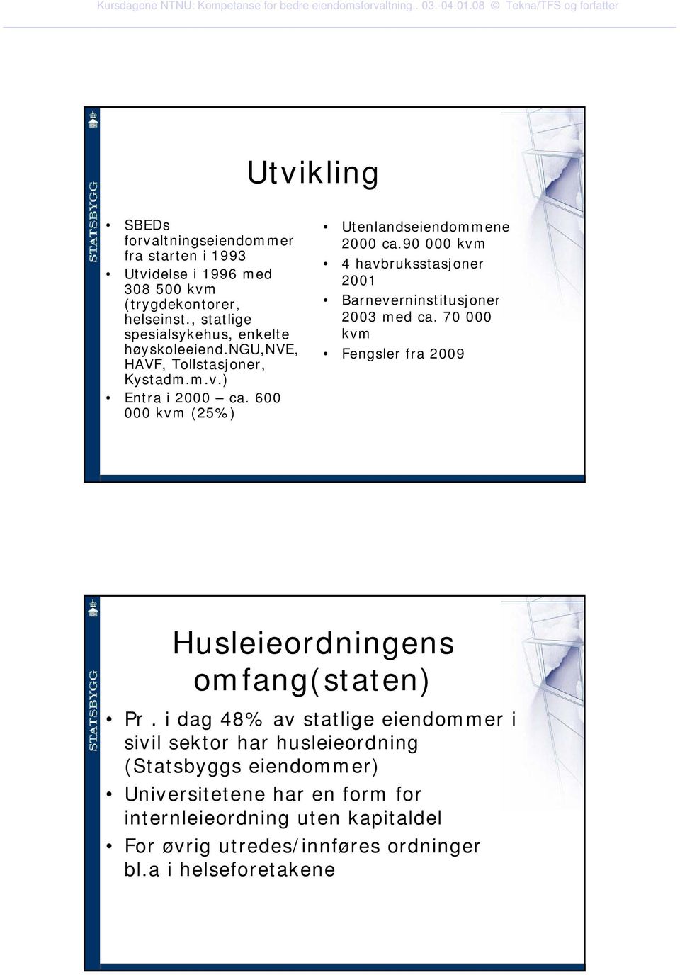 90 000 kvm 4 havbruksstasjoner 2001 Barneverninstitusjoner 2003 med ca. 70 000 kvm Fengsler fra 2009 Husleieordningens omfang(staten) Pr.