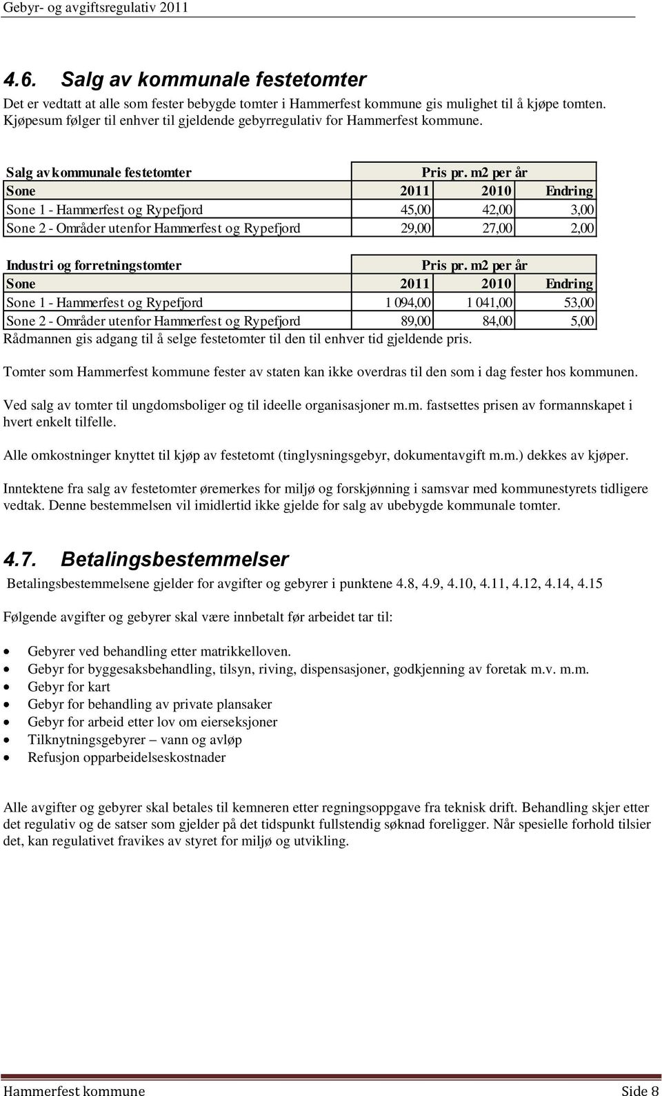 m2 per år Sone Sone 1 - Hammerfest og Rypefjord 45,00 42,00 3,00 Sone 2 - Områder utenfor Hammerfest og Rypefjord 29,00 27,00 2,00 Industri og forretningstomter Pris pr.