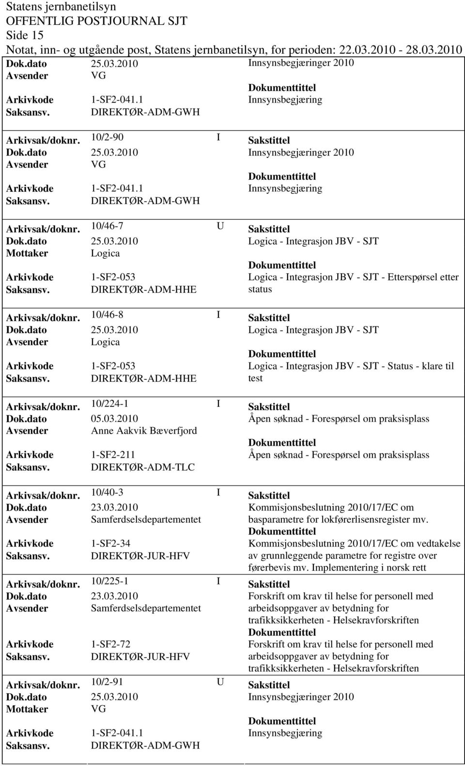 DIREKTØR-ADM-HHE status Arkivsak/dok0/46-8 I Sakstittel Logica - Integrasjon JBV - SJT Avsender Logica Arkivkode 1-SF2-053 Logica - Integrasjon JBV - SJT - Status - klare til Saksansv.