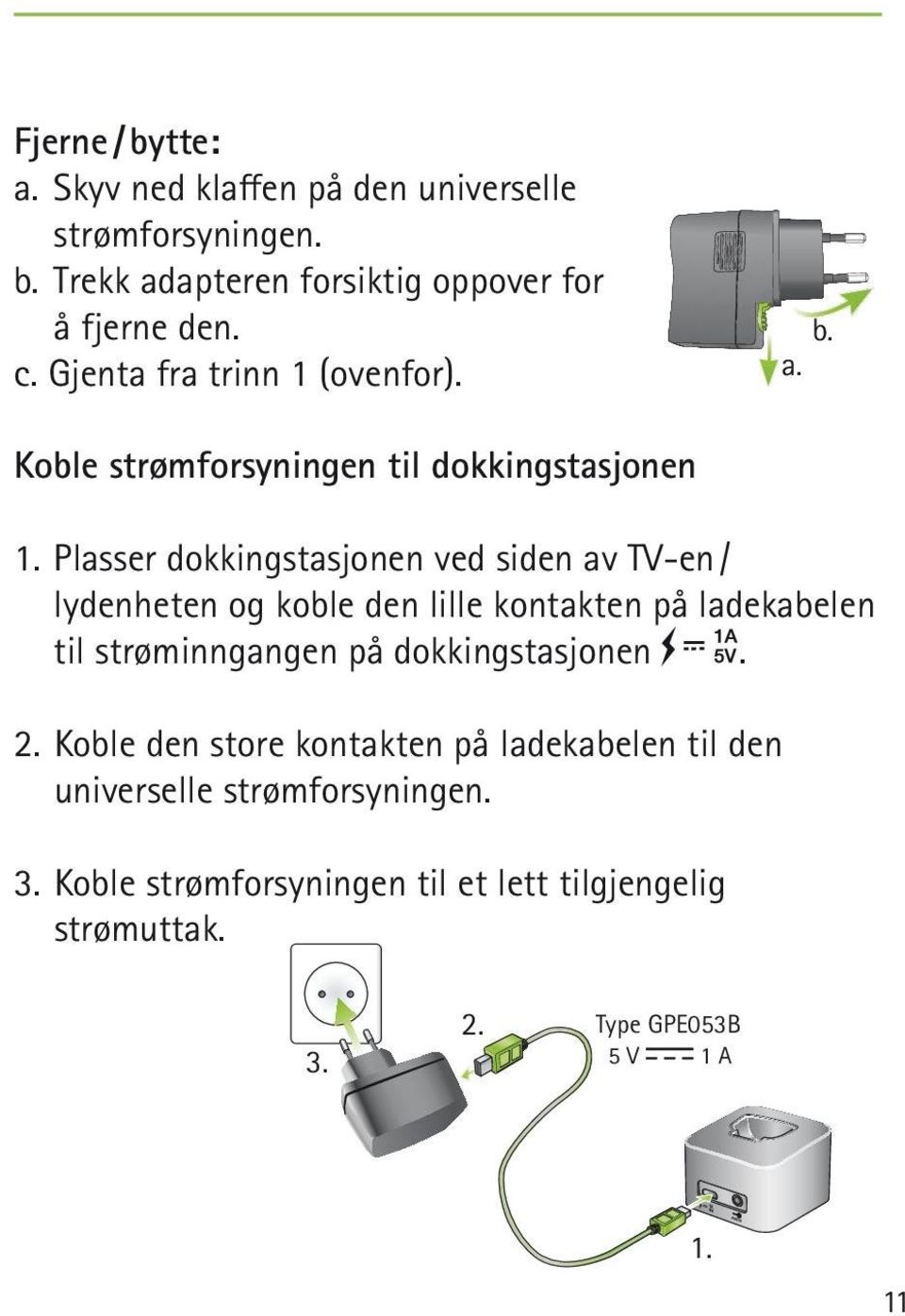 Plasser dokkingstasjonen ved siden av TV-en / lydenheten og koble den lille kontakten på ladekabelen til strøminngangen på