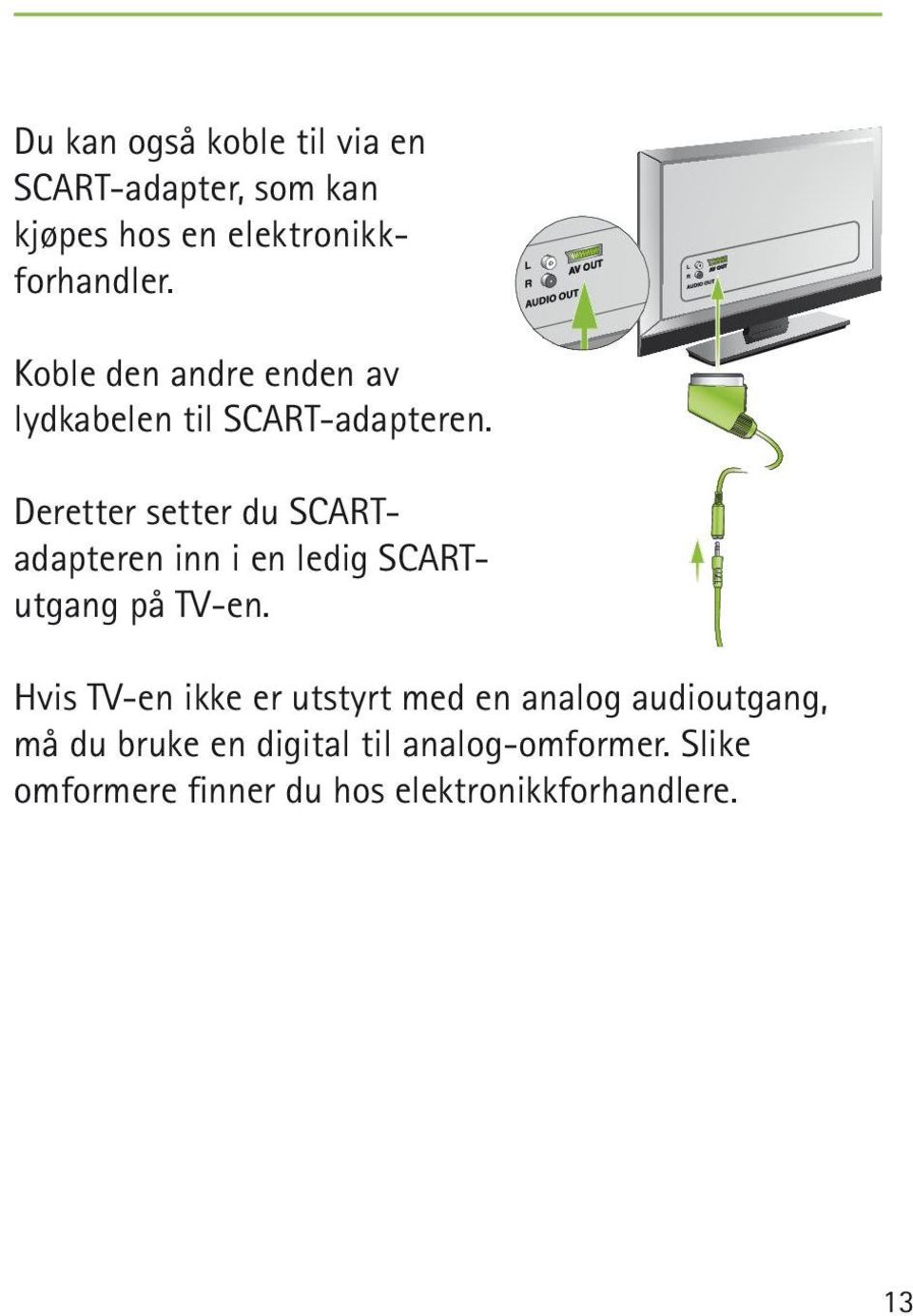 Deretter setter du SCARTadapteren inn i en ledig SCARTutgang på TV-en.