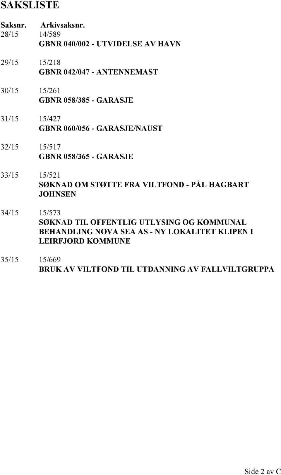 31/15 15/427 GBNR 060/056 - GARASJE/NAUST 32/15 15/517 GBNR 058/365 - GARASJE 33/15 15/521 SØKNAD OM STØTTE FRA VILTFOND -