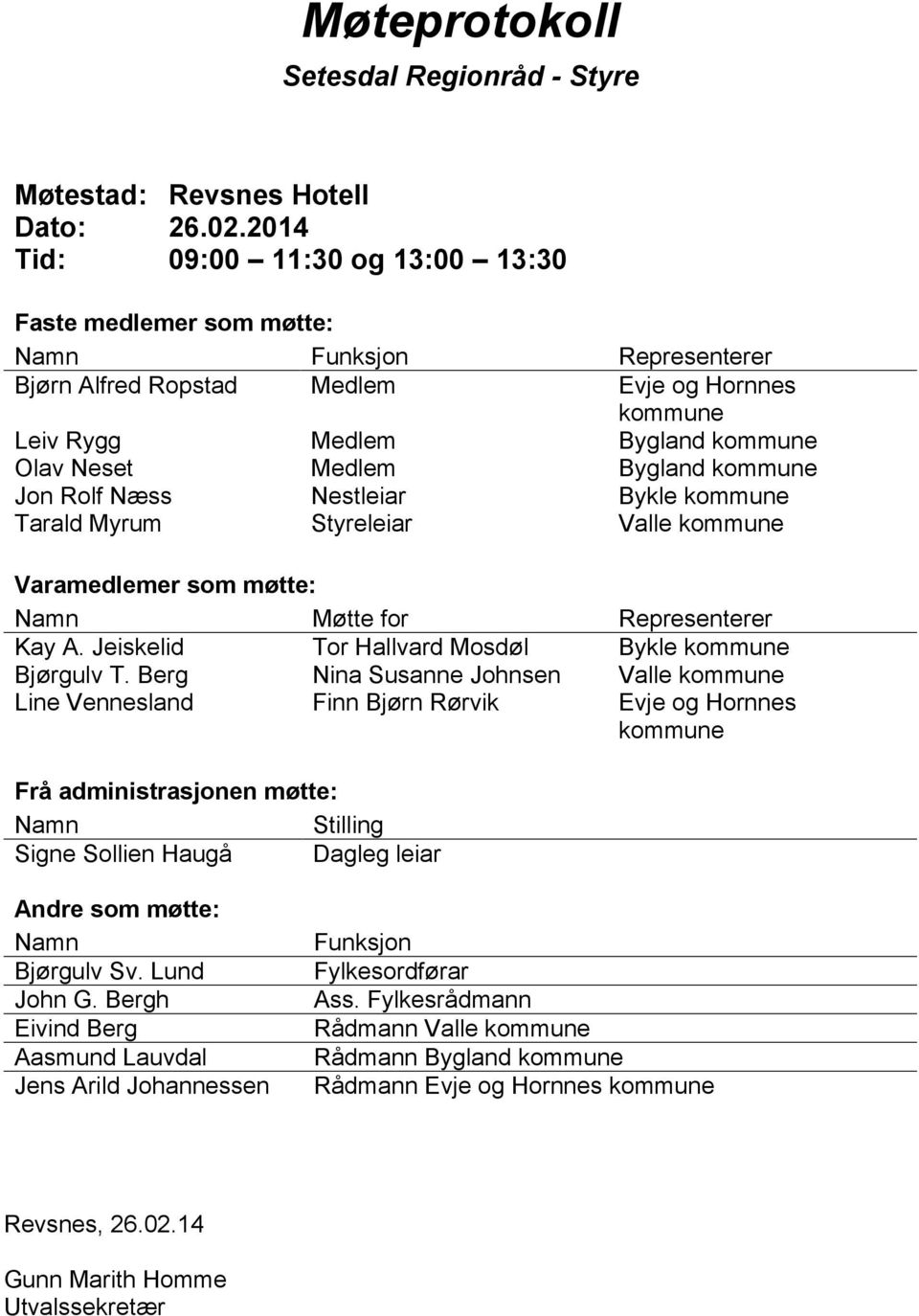 Bygland kommune Jon Rolf Næss Nestleiar Bykle kommune Tarald Myrum Styreleiar Valle kommune Varamedlemer som møtte: Namn Møtte for Representerer Kay A.