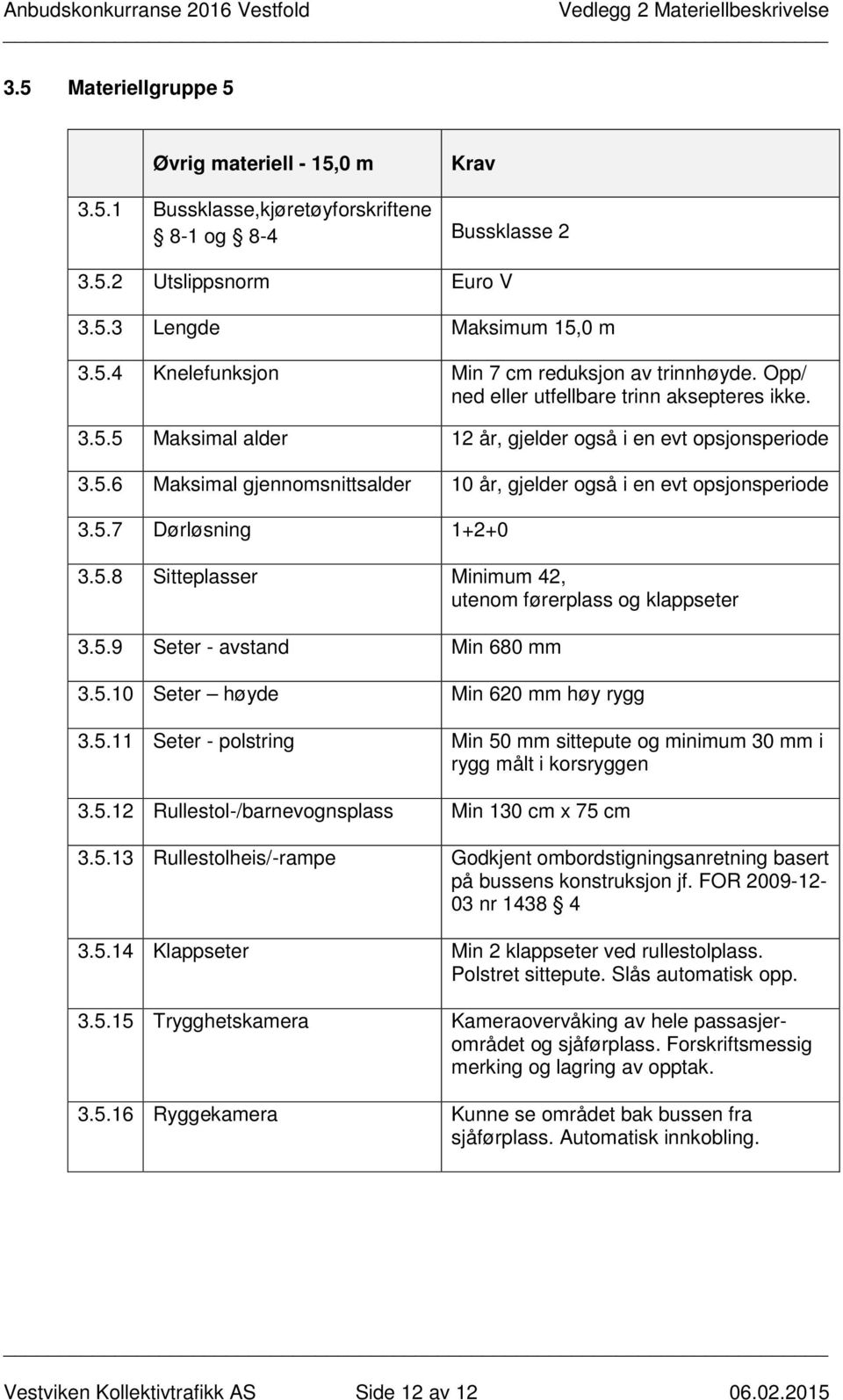 5.8 Sitteplasser Minimum 42, utenom førerplass og klappseter 3.5.9 Seter - avstand Min 680 mm 3.5.10 Seter høyde Min 620 mm høy rygg 3.5.11 Seter - polstring Min 50 mm sittepute og minimum 30 mm i rygg målt i korsryggen 3.