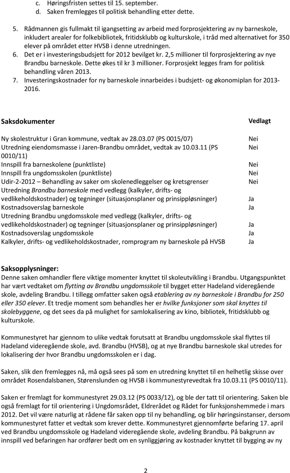 området etter HVSB i denne utredningen. 6. Det er i investeringsbudsjett for 2012 bevilget kr. 2,5 millioner til forprosjektering av nye Brandbu barneskole. Dette økes til kr 3 millioner.