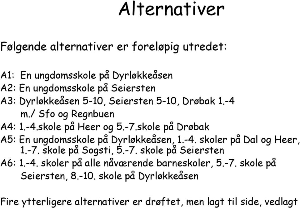 skole på Drøbak A5: En ungdomsskole på Dyrløkkeåsen, 1.-4. skoler på Dal og Heer, 1.-7. skole på Sogsti, 5.-7. skole på Seiersten A6: 1.