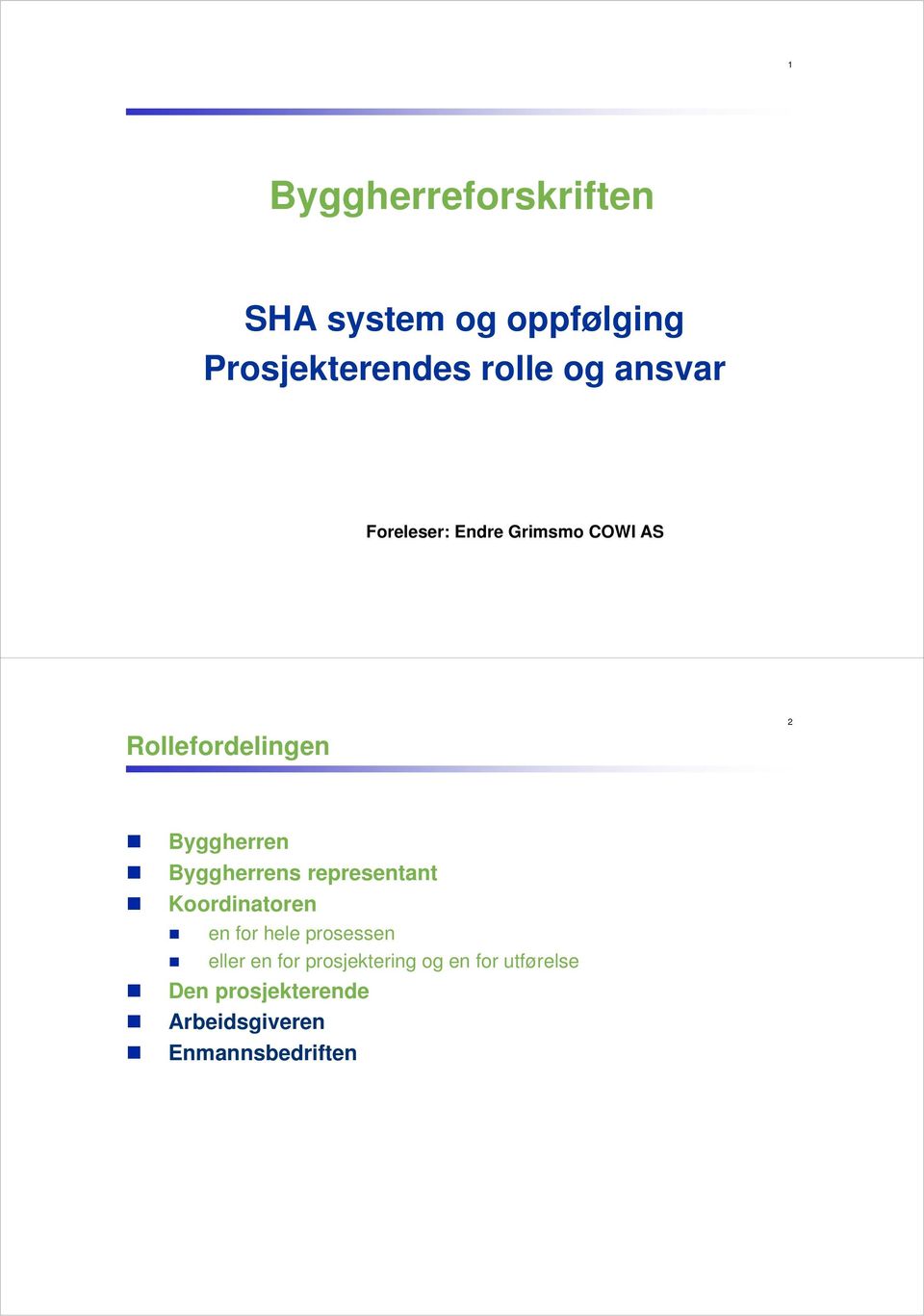 Byggherrens representant Koordinatoren en for hele prosessen eller en for