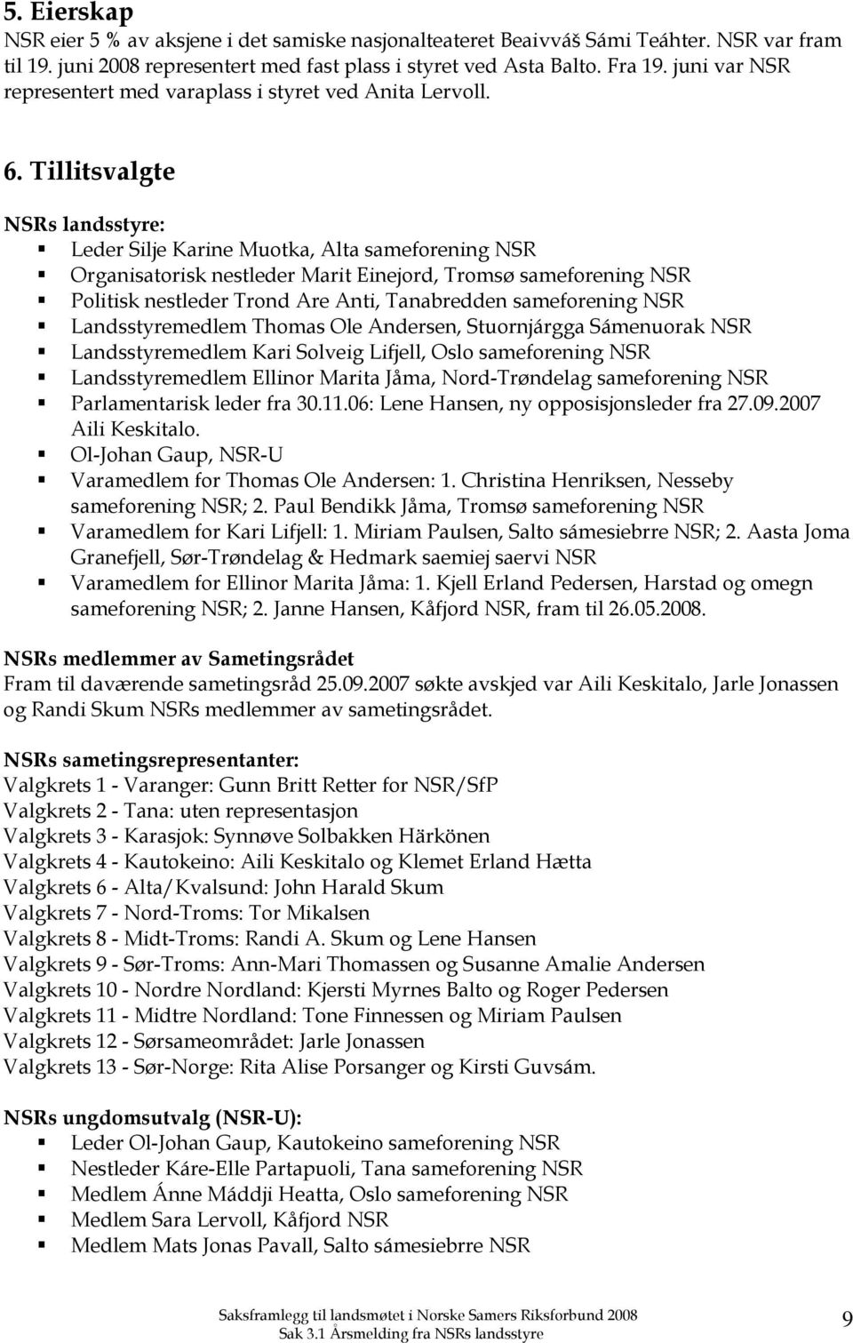 Tillitsvalgte NSRs landsstyre:, Alta sameforening NSR Organisatorisk nestleder Marit Einejord, Tromsø sameforening NSR Politisk nestleder Trond Are Anti, Tanabredden sameforening NSR Landsstyremedlem