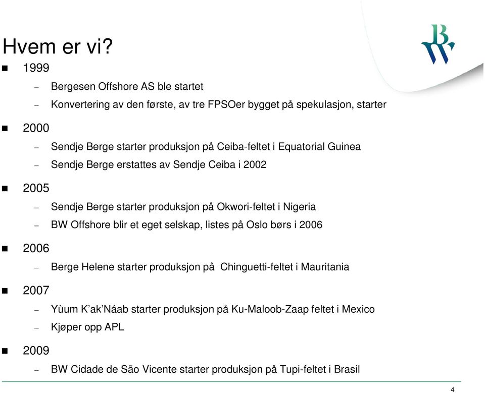 produksjon på Ceiba-feltet i Equatorial Guinea Sendje Berge erstattes av Sendje Ceiba i 2002 2006 Sendje Berge starter produksjon på Okwori-feltet i