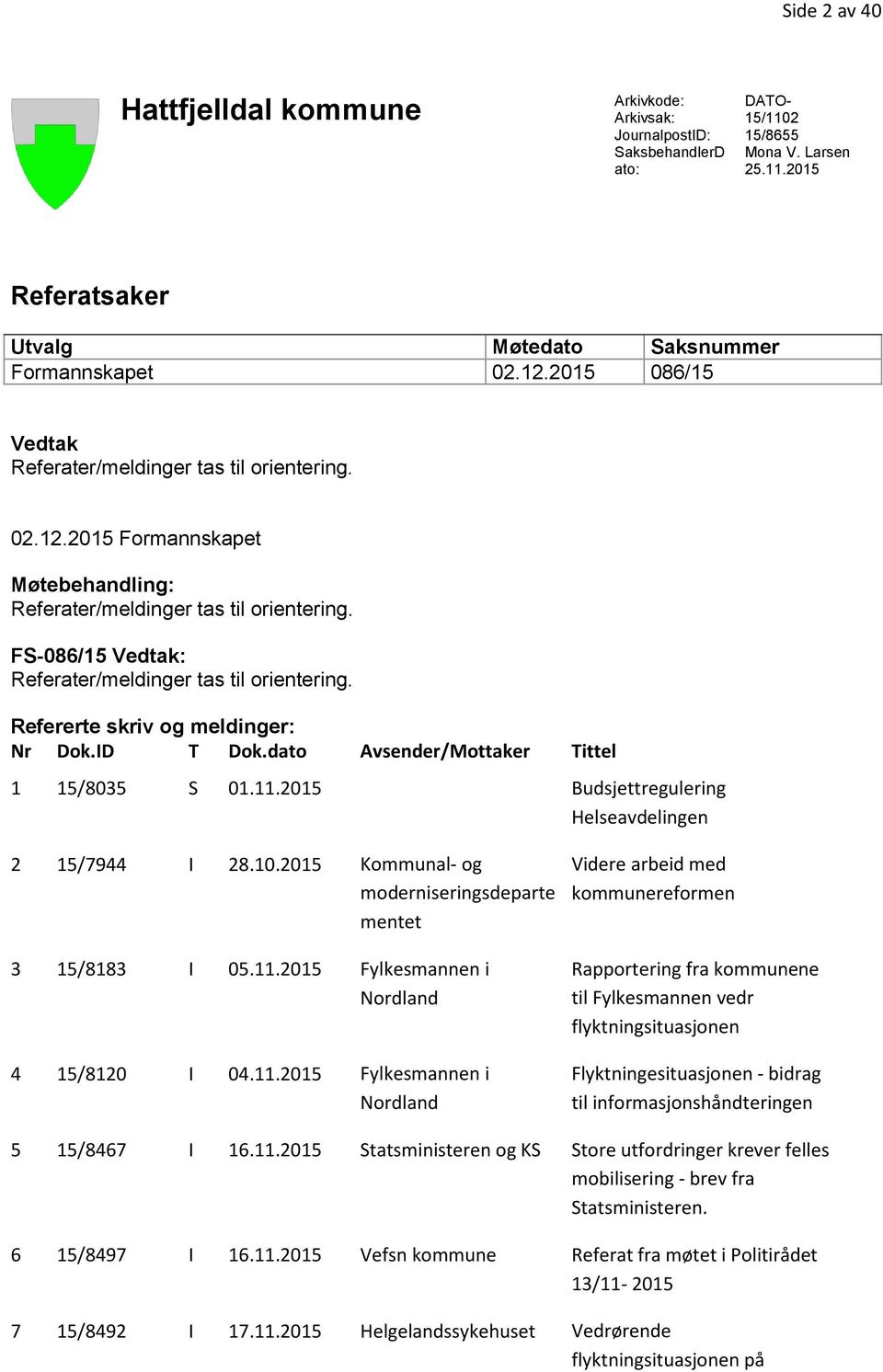 Refererte skriv og meldinger: Nr Dok.ID T Dok.dato Avsender/Mottaker Tittel 1 15/8035 S 01.11.2015 Budsjettregulering Helseavdelingen 2 15/7944 I 28.10.