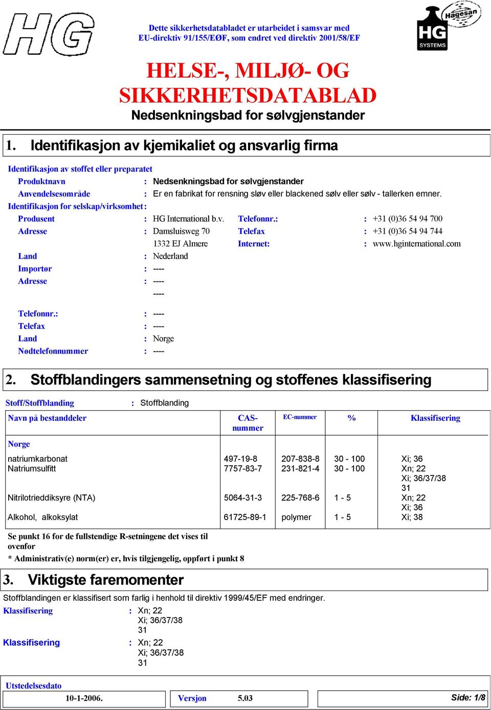 Stoffblandingers sammensetning og stoffenes klassifisering Stoff/Stoffblanding Norge Stoffblanding natriumkarbonat 497-19- 207-3- 30-100 Xi; 36 Natriumsulfitt 7757-3-7 231-21-4 30-100 Xn; 22 Xi;