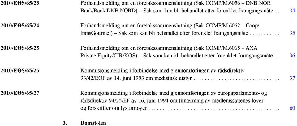 6062 Coop/ transgourmet) Sak som kan bli behandlet etter forenklet framgangsmåte........... 35 Forhåndsmelding om en foretakssammenslutning (Sak COMP/M.