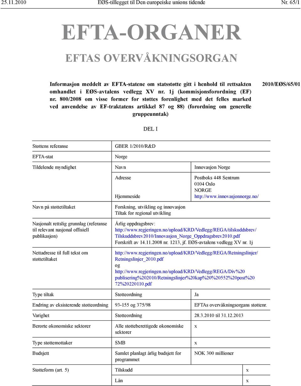 800/2008 om visse former for støttes forenlighet med det felles marked ved anvendelse av EF-traktatens artikkel 87 og 88) (forordning om generelle gruppeunntak) 2010/EØS/65/01 DEL I Støttens