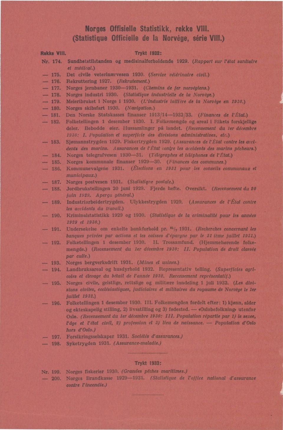 Norges industri 93. (Statistique industrielle de la Norvege.) 79. Meieribruket I Norge 93. (L'industrie lailiere de la Norvege en 93.) 8. Norges skibsfart 93. (Navigation.) 8. Den Norske Statskasses finanser 93/93/33.