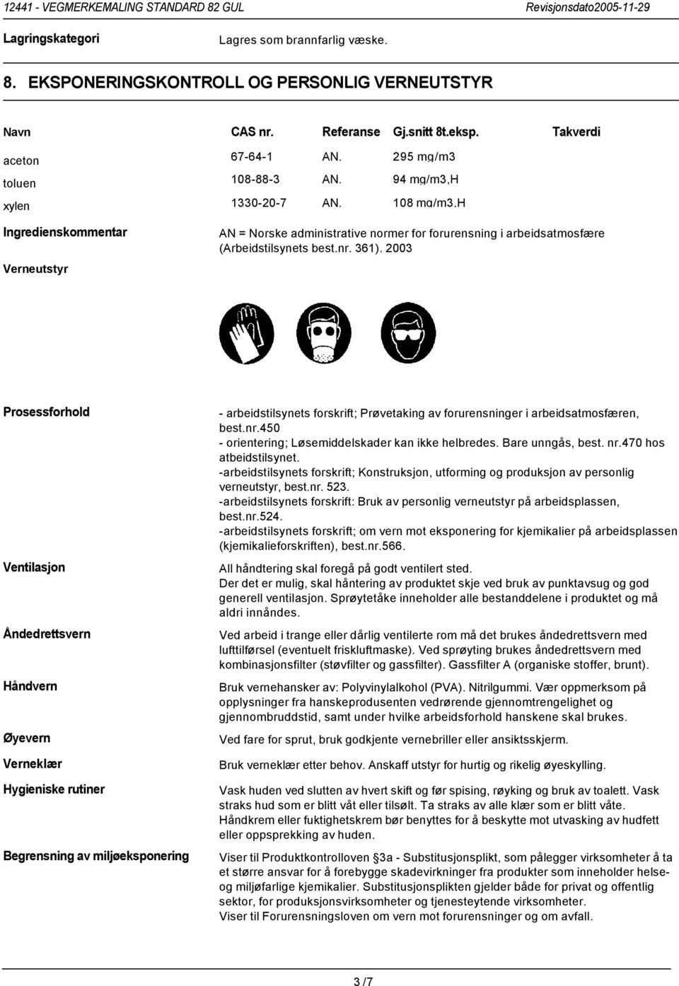 108 mg/m3,h Ingredienskommentar Verneutstyr AN = Norske administrative normer for forurensning i arbeidsatmosfære (Arbeidstilsynets best.nr. 361).