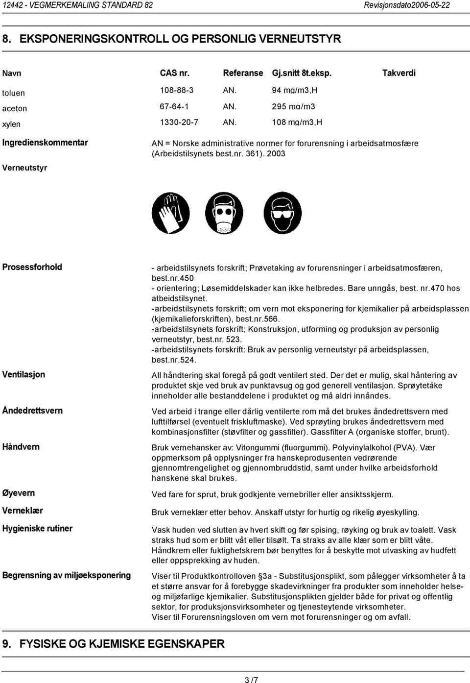 361). 2003 Prosessforhold Ventilasjon Åndedrettsvern Håndvern Øyevern Verneklær Hygieniske rutiner Begrensning av miljøeksponering - arbeidstilsynets forskrift; Prøvetaking av forurensninger i