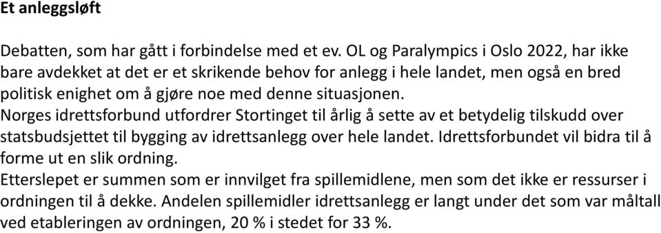 situasjonen. Norges idrettsforbund utfordrer Stortinget til årlig å sette av et betydelig tilskudd over statsbudsjettet til bygging av idrettsanlegg over hele landet.