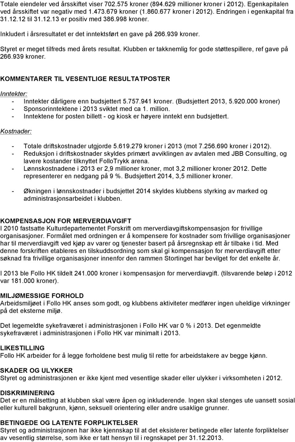 Klubben er takknemlig for gode støttespillere, ref gave på 266.939 kroner. KOMMENTARER TIL VESENTLIGE RESULTATPOSTER Inntekter: - Inntekter dårligere enn budsjettert 5.757.941 kroner.