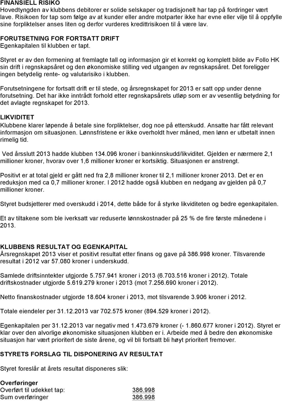 FORUTSETNING FOR FORTSATT DRIFT Egenkapitalen til klubben er tapt.