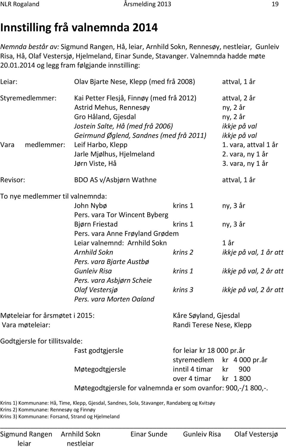 2014 og legg fram følgjande innstilling: Leiar: Olav Bjarte Nese, Klepp (med frå 2008) attval, 1 år Styremedlemmer: Kai Petter Flesjå, Finnøy (med frå 2012) attval, 2 år Astrid Mehus, Rennesøy ny, 2