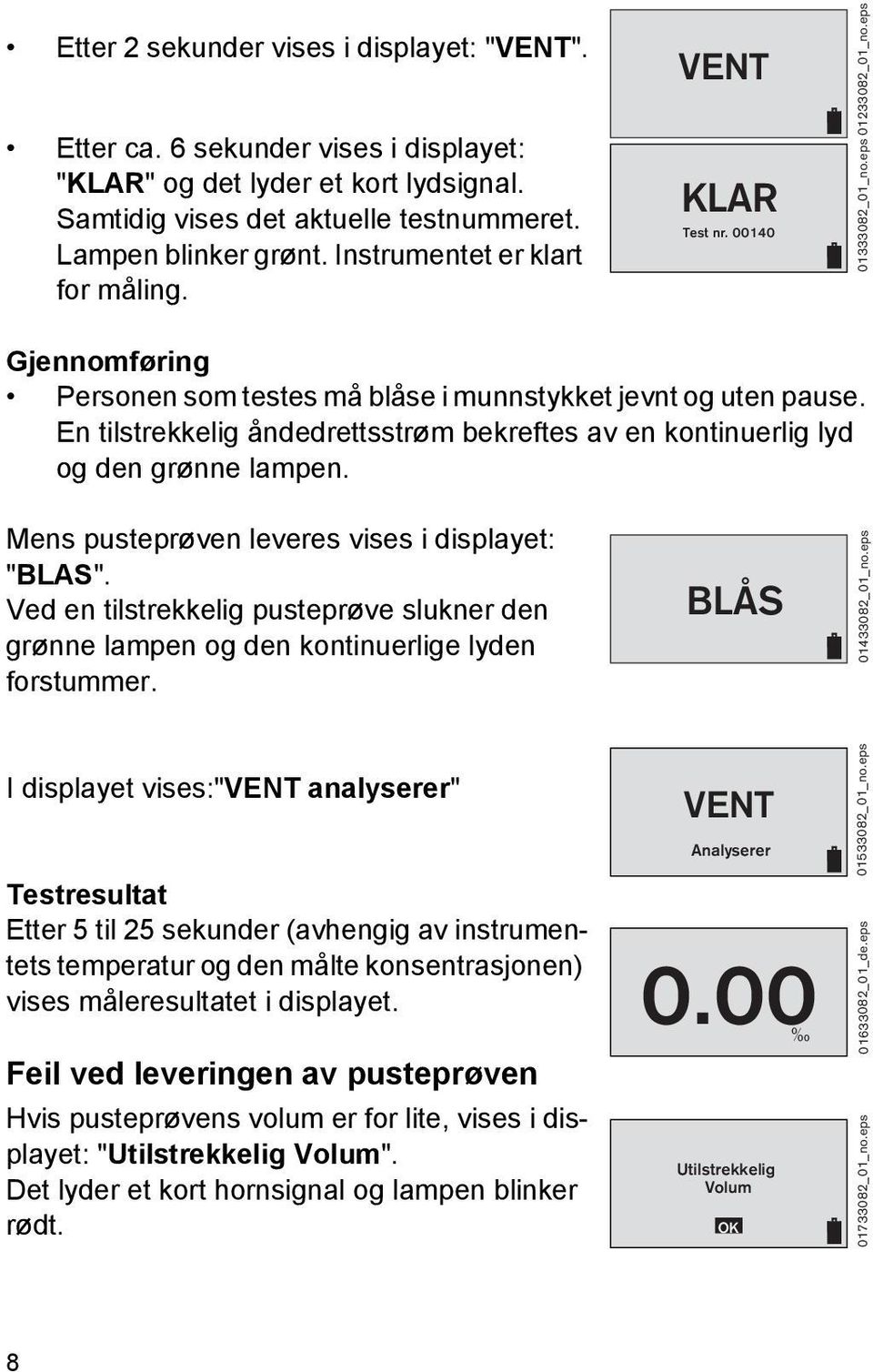 En tilstrekkelig åndedrettsstrøm bekreftes av en kontinuerlig lyd og den grønne lampen. Mens pusteprøven leveres vises i displayet: "BLAS".