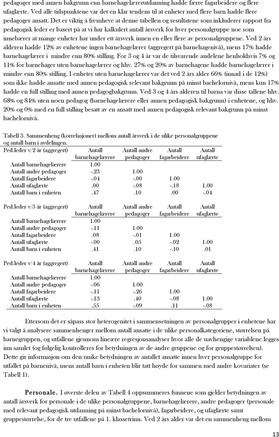 Det er viktig å fremheve at denne tabellen og resultatene som inkluderer rapport fra pedagogisk leder er basert på at vi har kalkulert antall årsverk for hver personalgruppe noe som innebærer at