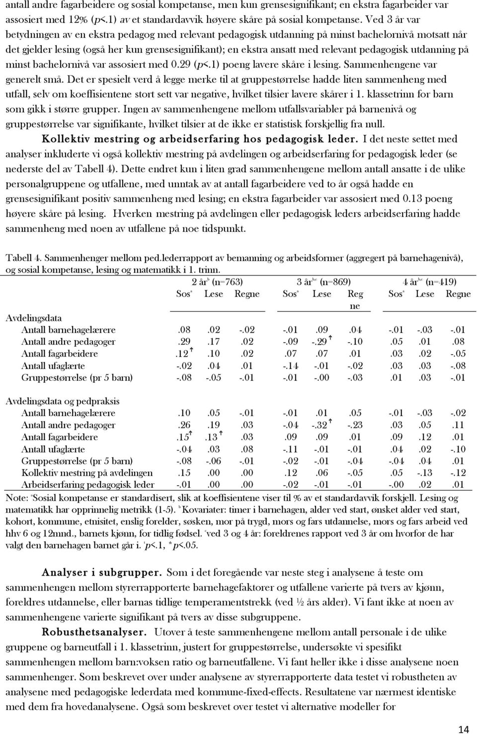 pedagogisk utdanning på minst bachelornivå var assosiert med 0.29 (p<.1) poeng lavere skåre i lesing. Sammenhengene var generelt små.