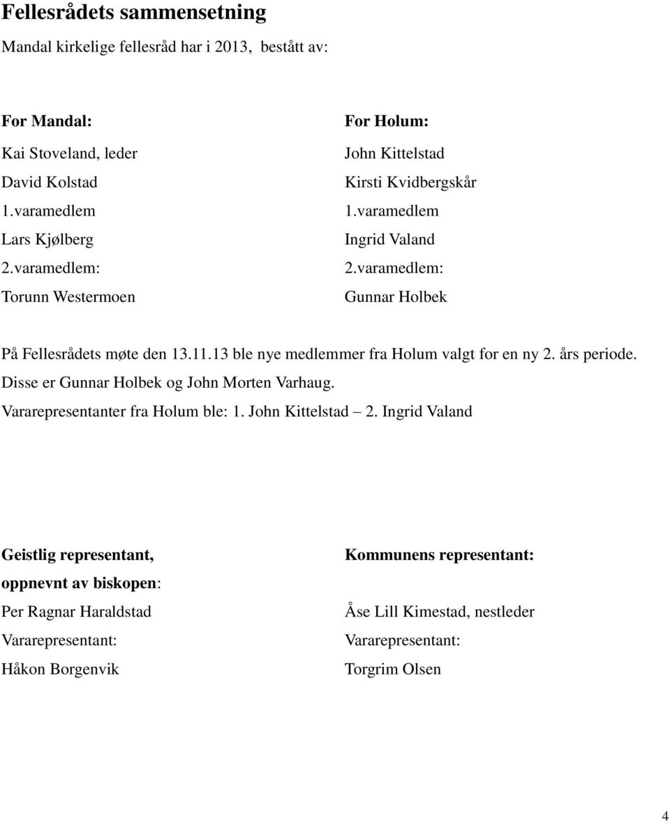 13 ble nye medlemmer fra Holum valgt for en ny 2. års periode. Disse er Gunnar Holbek og John Morten Varhaug. Vararepresentanter fra Holum ble: 1. John Kittelstad 2.