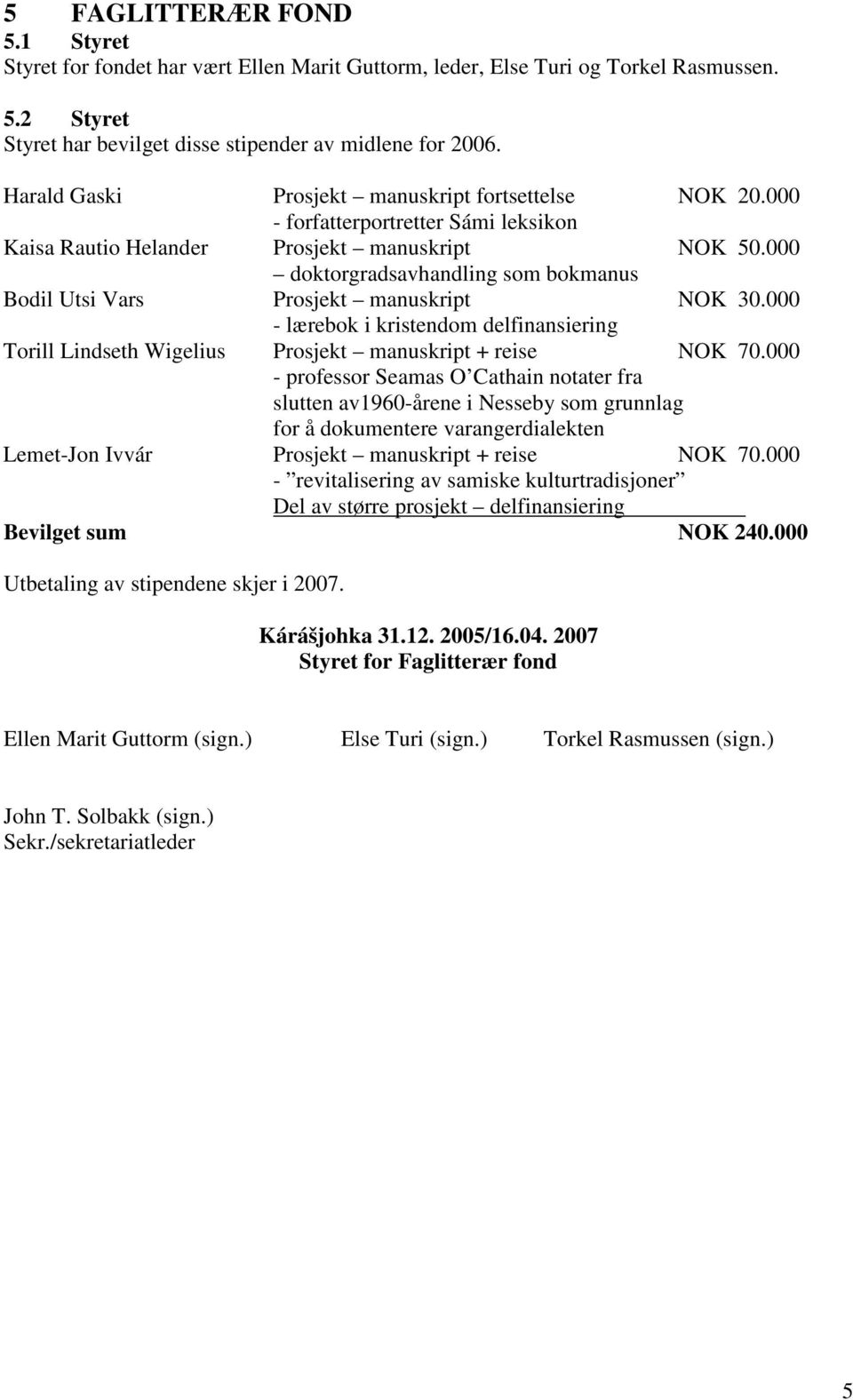 000 doktorgradsavhandling som bokmanus Bodil Utsi Vars Prosjekt manuskript NOK 30.000 - lærebok i kristendom delfinansiering Torill Lindseth Wigelius Prosjekt manuskript + reise NOK 70.