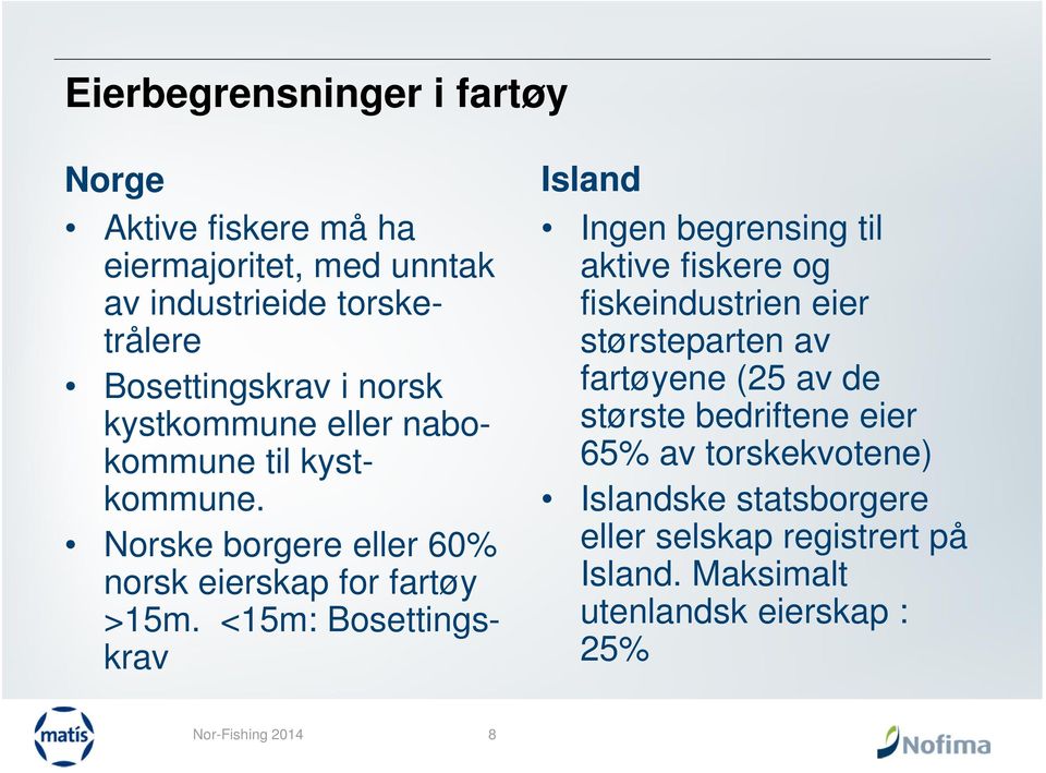 <15m: Bosettingskrav Island Ingen begrensing til aktive fiskere og fiskeindustrien eier størsteparten av fartøyene (25 av de