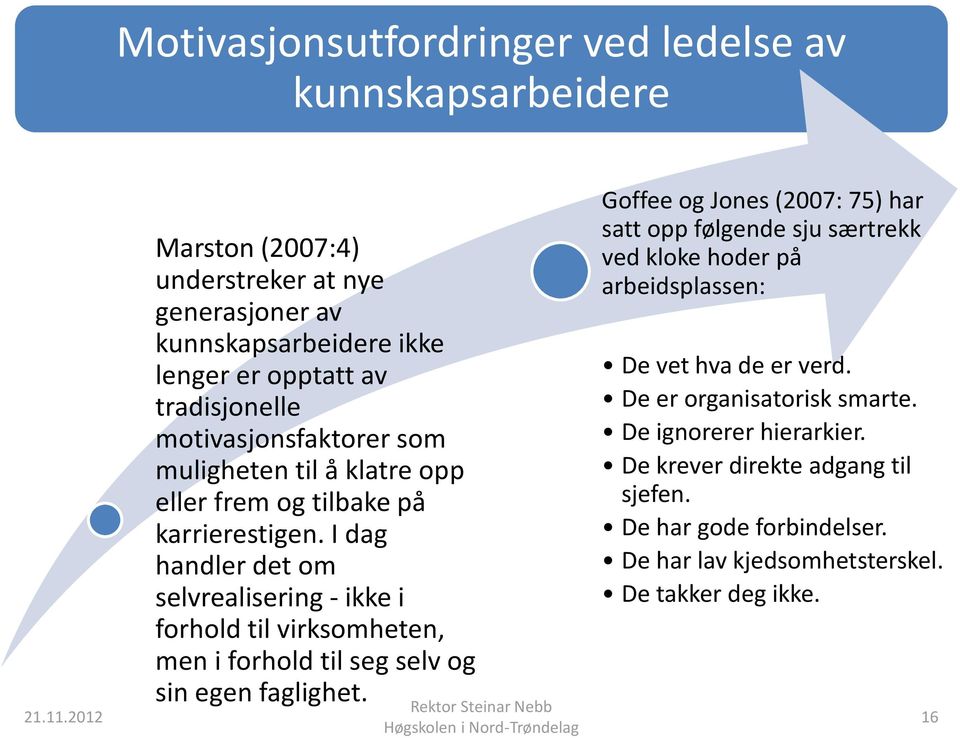 I dag handler det om selvrealisering - ikke i forhold til virksomheten, men i forhold til seg selv og sin egen faglighet.