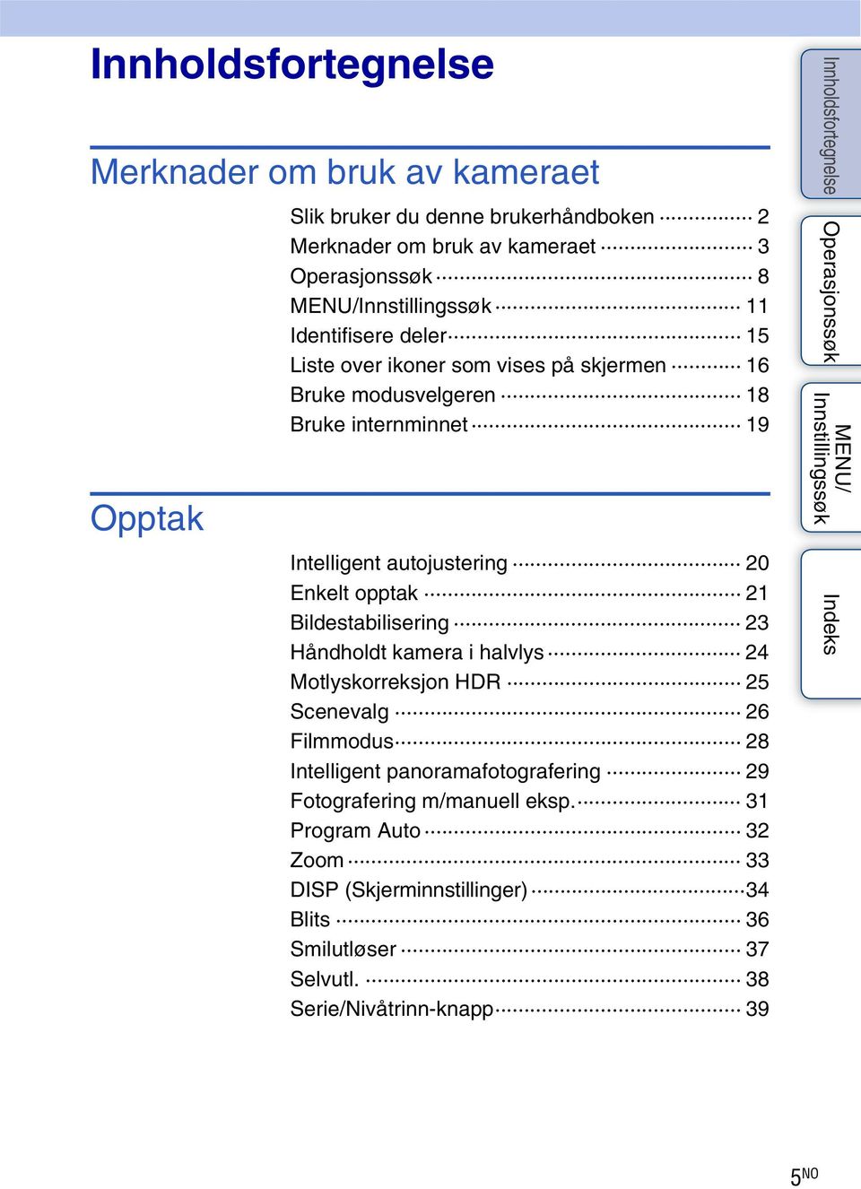 opptak 21 Bildestabilisering 23 Håndholdt kamera i halvlys 24 Motlyskorreksjon HDR 25 Scenevalg 26 Filmmodus 28 Intelligent panoramafotografering 29