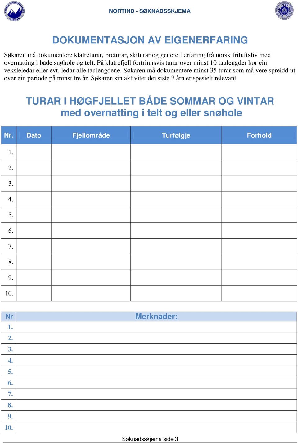 ledar alle taulengdene. Søkaren må dokumentere minst 35 turar som må vere spreidd ut over ein periode på minst tre år.